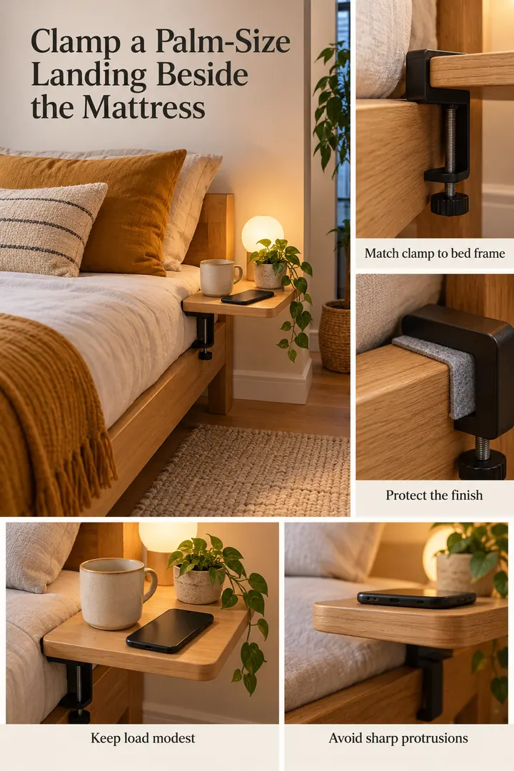 Editorial Educational Collage of clamp on bedside tray in Rental bedroom showing match clamp to bed frame.