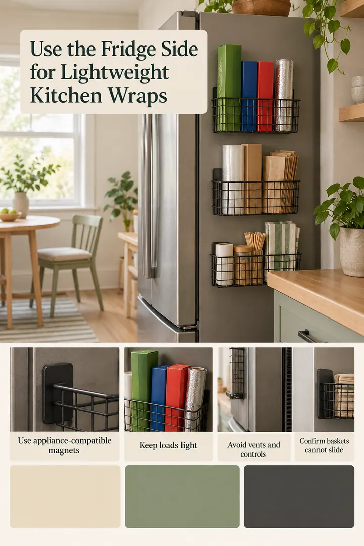 Color Palette Guide of magnetic fridge side baskets in Rental kitchen showing use appliance-compatible magnets.