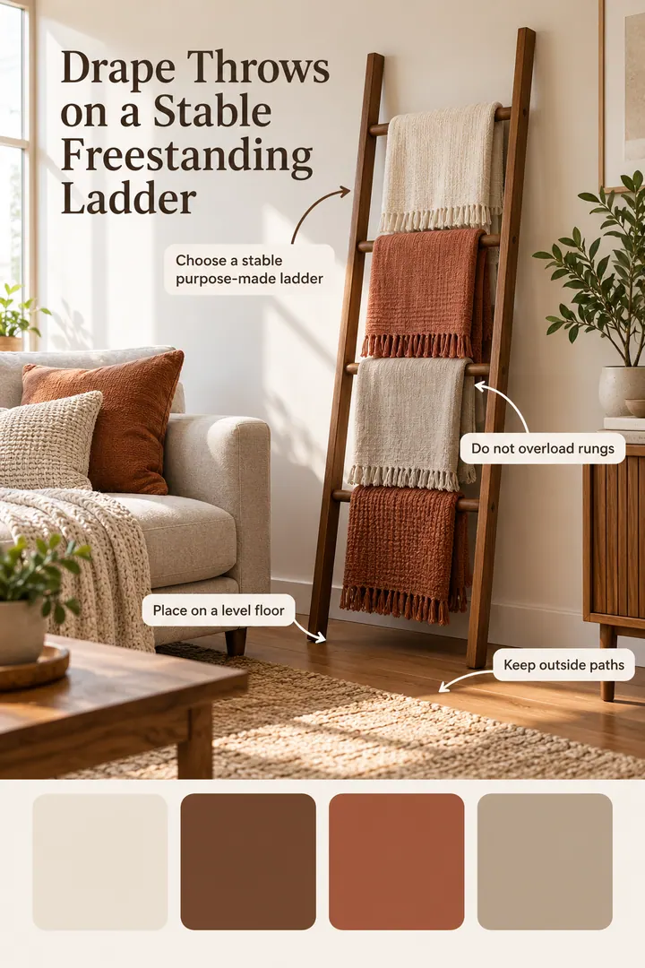 Color Palette Guide of leaning ladder blanket rail in Rental living room showing choose a stable purpose-made ladder.