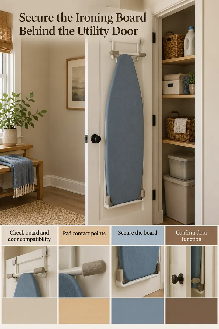 Color Palette Guide of over-door ironing board rest in Rental utility closet showing check board and door compatibility.