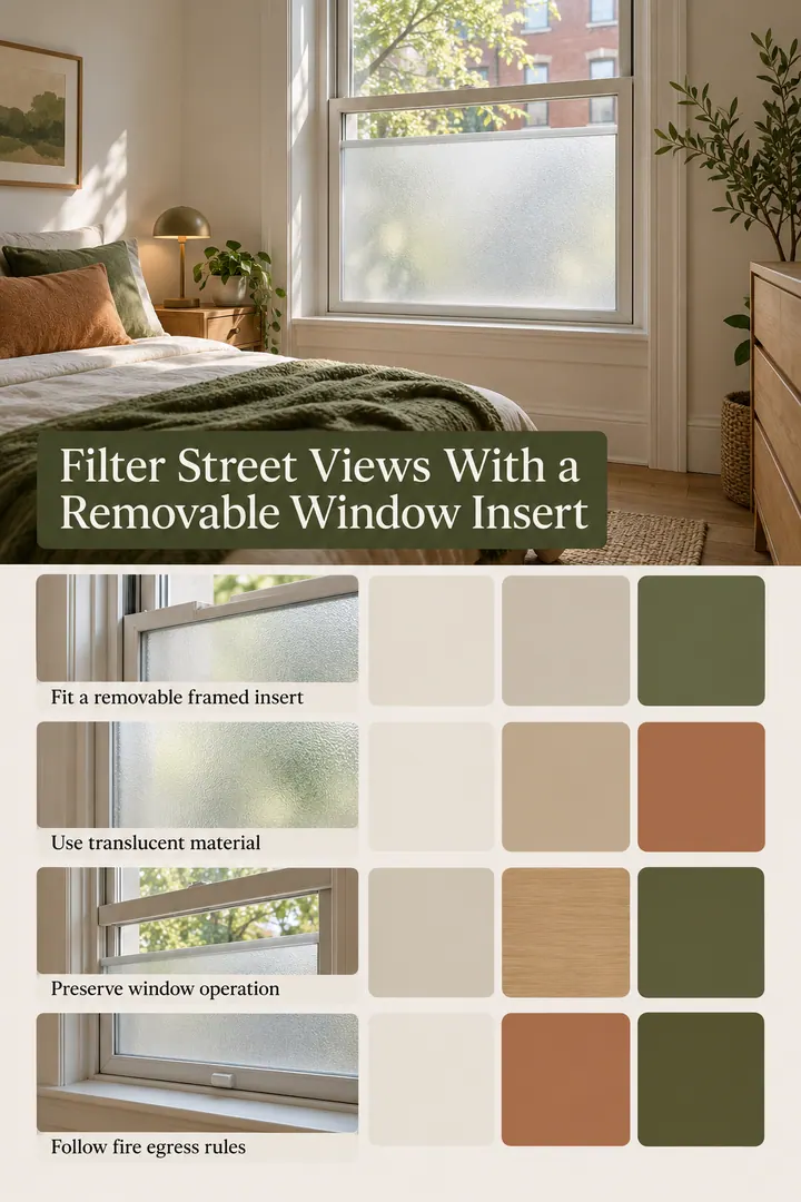 Color Palette Guide of window insert privacy screen in Street-level rental bedroom showing fit a removable framed insert.