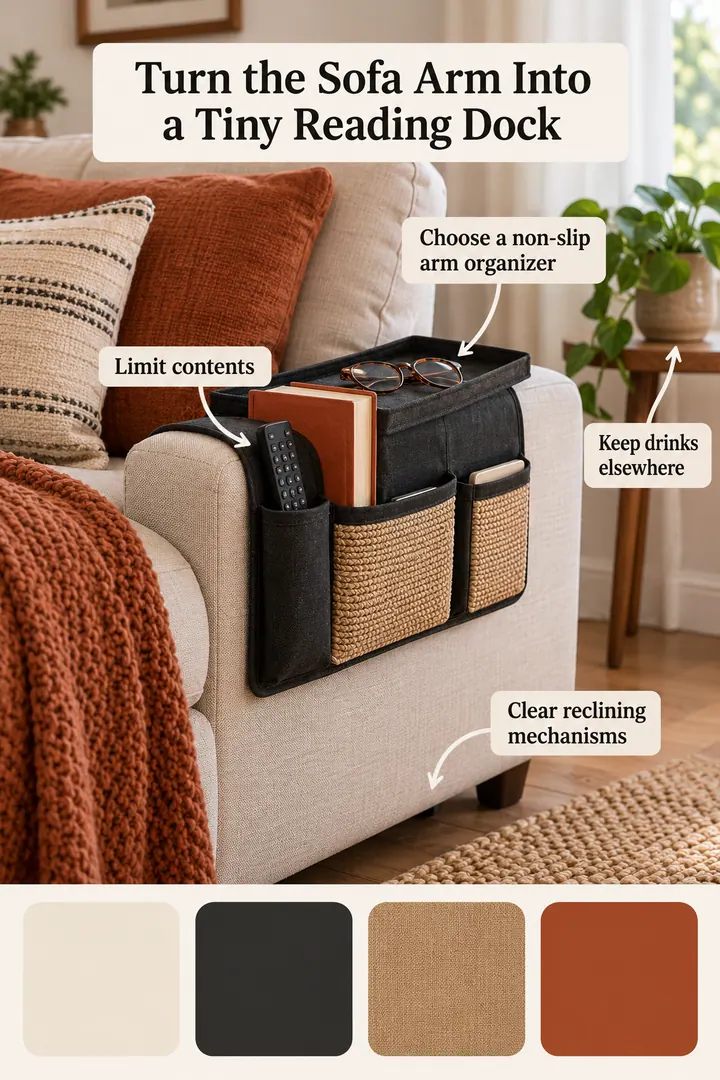 Color Palette Guide of sofa arm organizer in Small living room showing choose a non-slip arm organizer.
