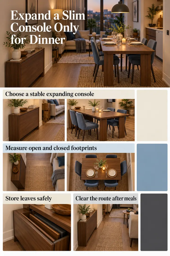 Color Palette Guide of expandable console dining table in Studio living zone showing choose a stable expanding console.