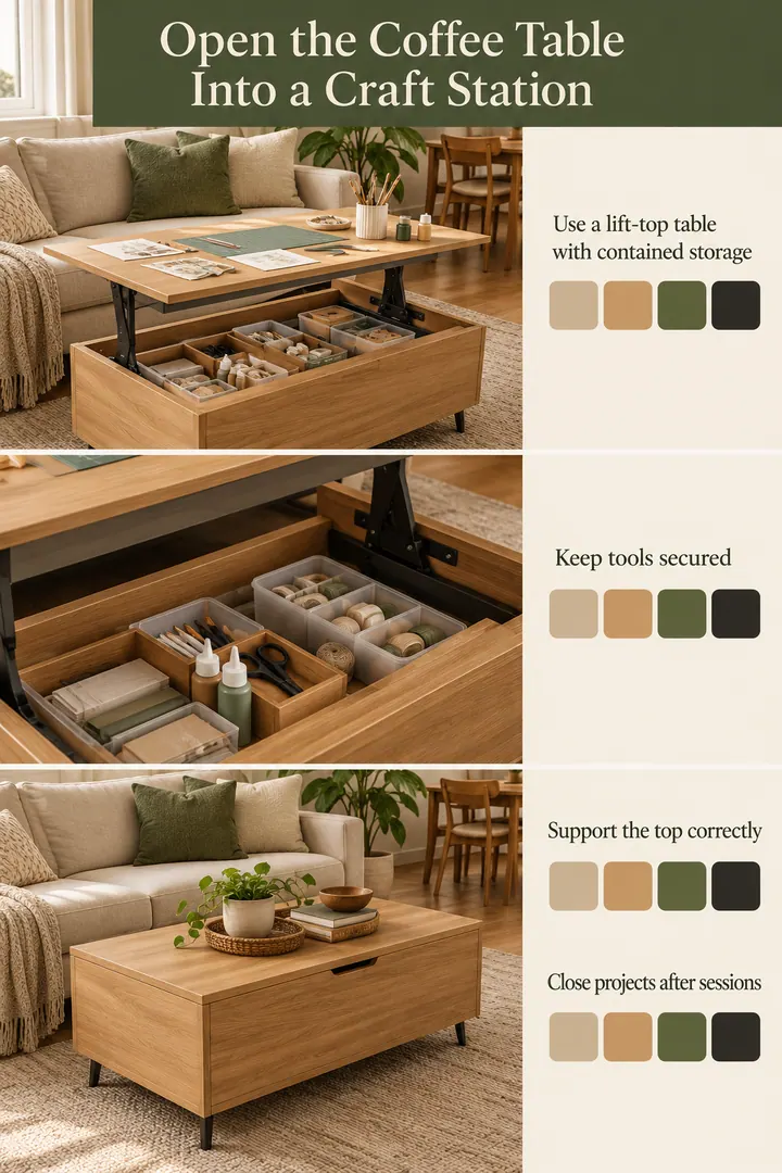 Color Palette Guide of lift top craft coffee table in Living room showing use a lift-top table with contained storage.