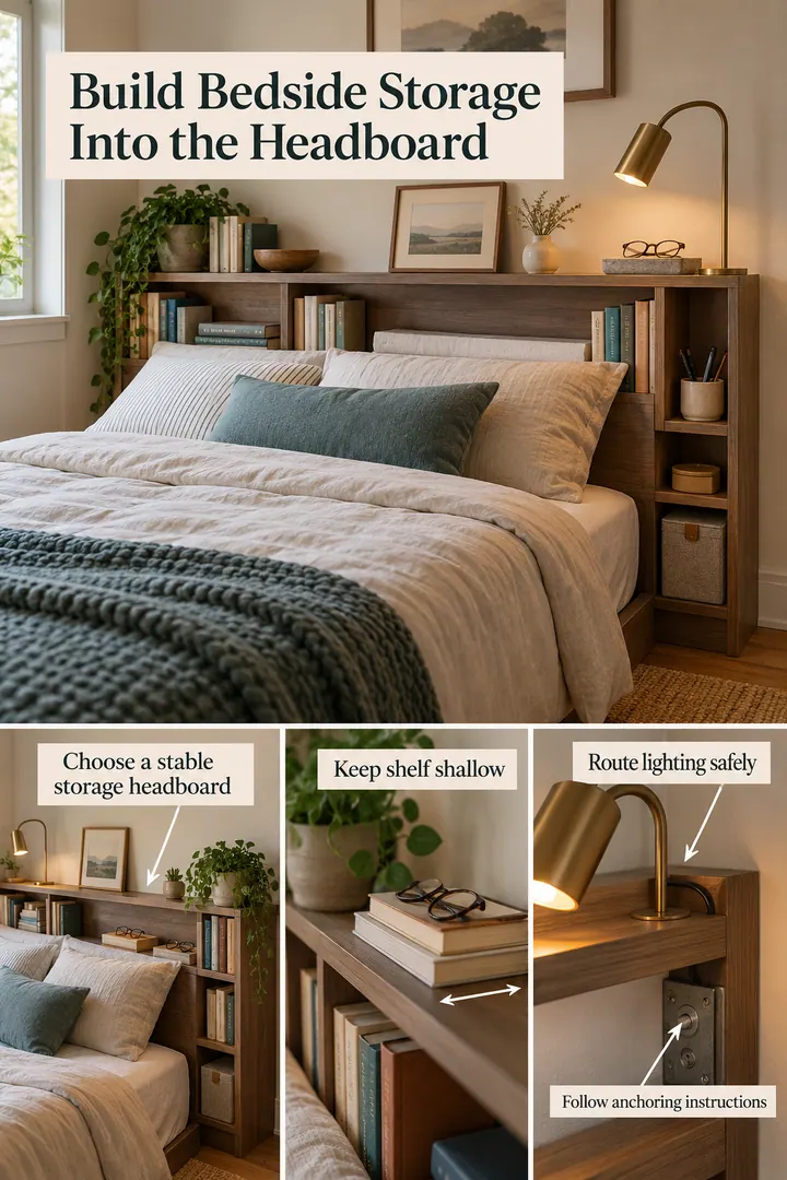 Room-by-Room Visual Guide of storage headboard reading shelf in Tiny bedroom showing choose a stable storage headboard.
