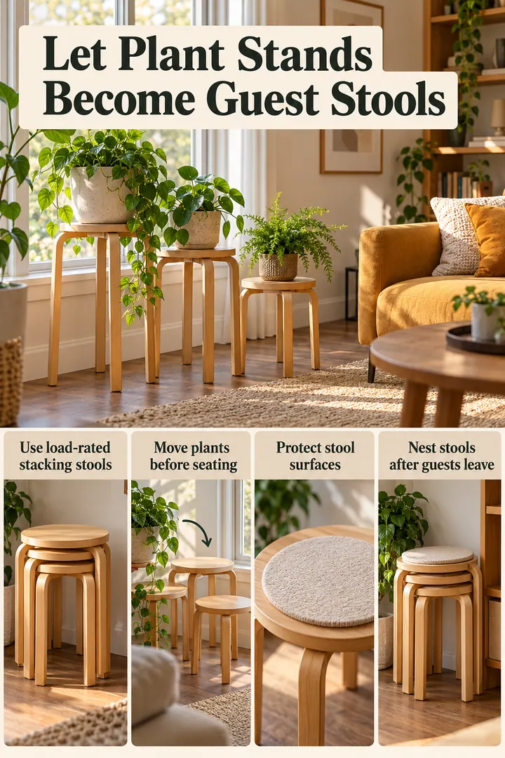 Room-by-Room Visual Guide of stacking stool plant stands in Living room window showing use load-rated stacking stools.