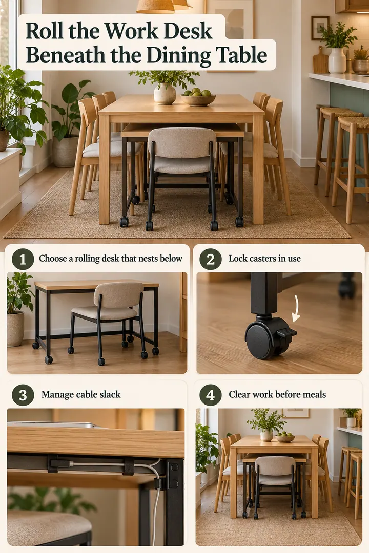 Room-by-Room Visual Guide of rolling desk nesting under table in Dining nook showing choose a rolling desk that nests below.