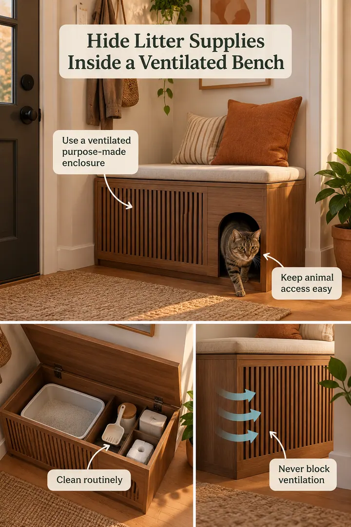 Room-by-Room Visual Guide of storage bench litter screen in Entry utility nook showing use a ventilated purpose-made enclosure.