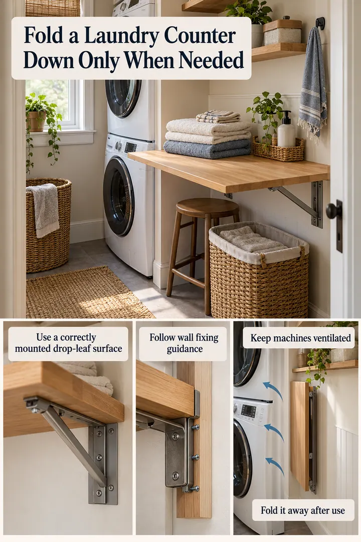 Room-by-Room Visual Guide of drop leaf laundry folding table in Laundry closet showing use a correctly mounted drop-leaf surface.