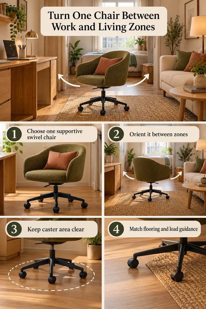 Room-by-Room Visual Guide of swivel chair shared zones in Studio apartment showing choose one supportive swivel chair.