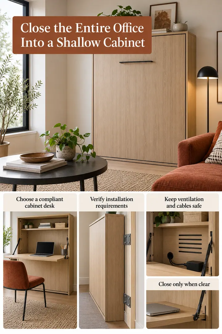 Room-by-Room Visual Guide of murphy style cabinet desk in Living-room wall showing choose a compliant cabinet desk.