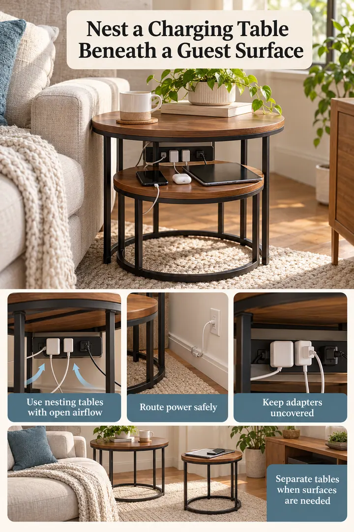 Room-by-Room Visual Guide of nesting side table charging hub in Small living room showing use nesting tables with open airflow.