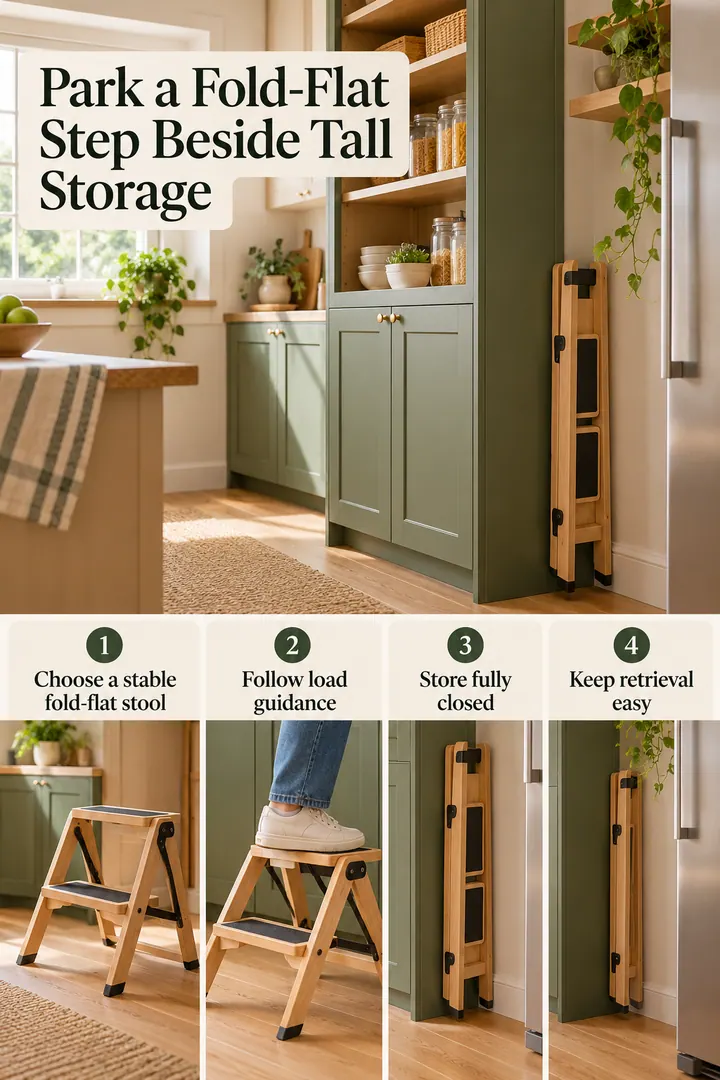 Room-by-Room Visual Guide of fold flat kitchen step stool in Tall kitchen storage showing choose a stable fold-flat stool.