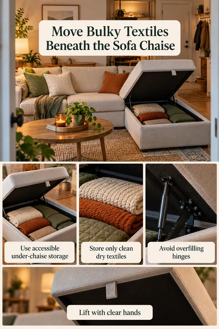 Room-by-Room Visual Guide of storage sofa chaise seasonal bin in Studio lounge showing use accessible under-chaise storage.