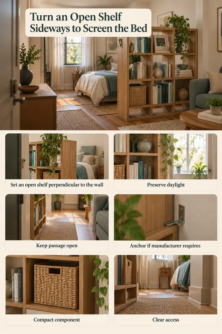 Budget Decor Catalog of open shelf perpendicular divider in Studio apartment showing set an open shelf perpendicular to the wall.
