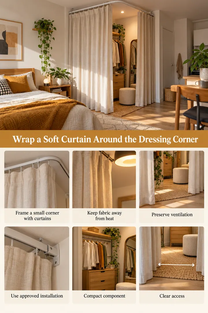 Budget Decor Catalog of curtain corner dressing zone in Studio bedroom edge showing frame a small corner with curtains.