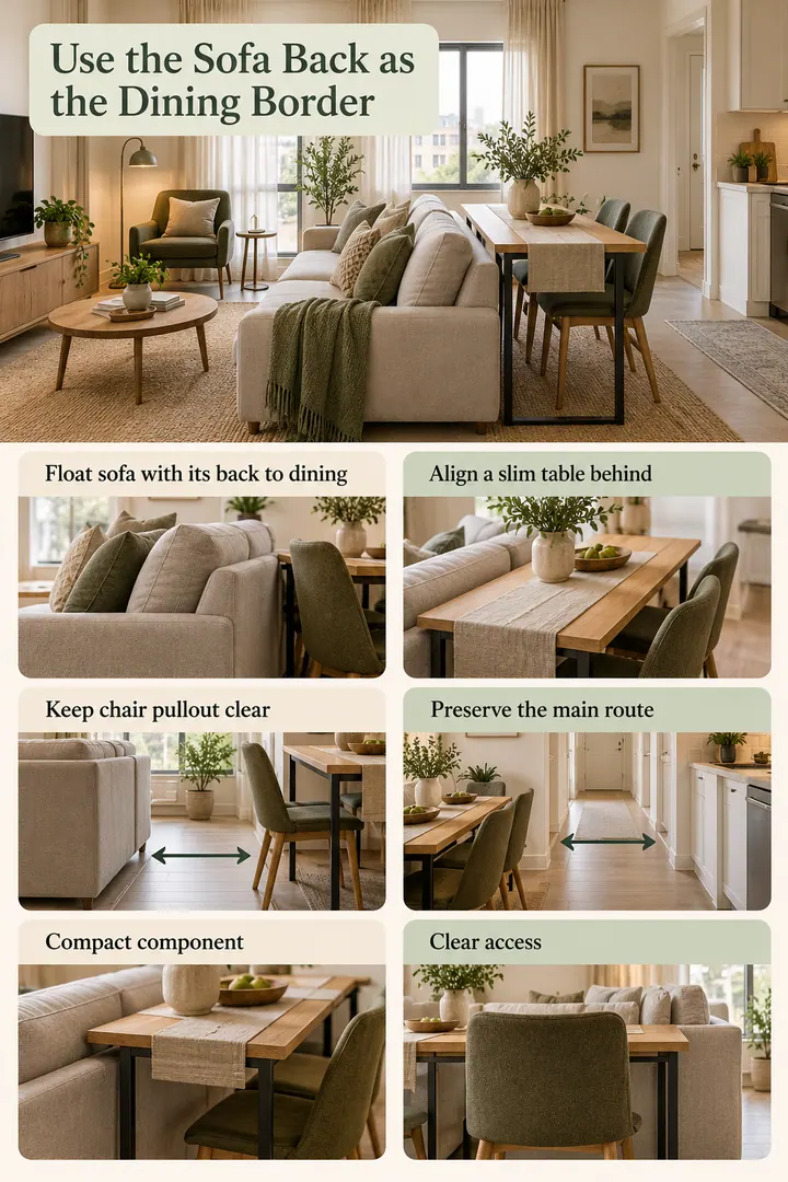 Budget Decor Catalog of sofa back dining boundary in Open studio showing float sofa with its back to dining.