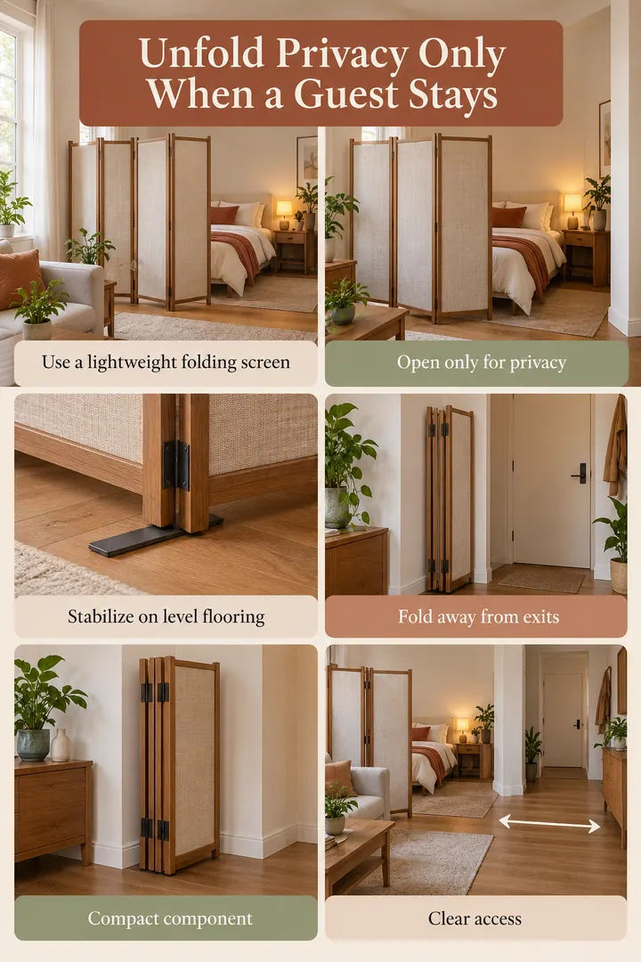 Budget Decor Catalog of rotating screen guest privacy in Studio sleep zone showing use a lightweight folding screen.