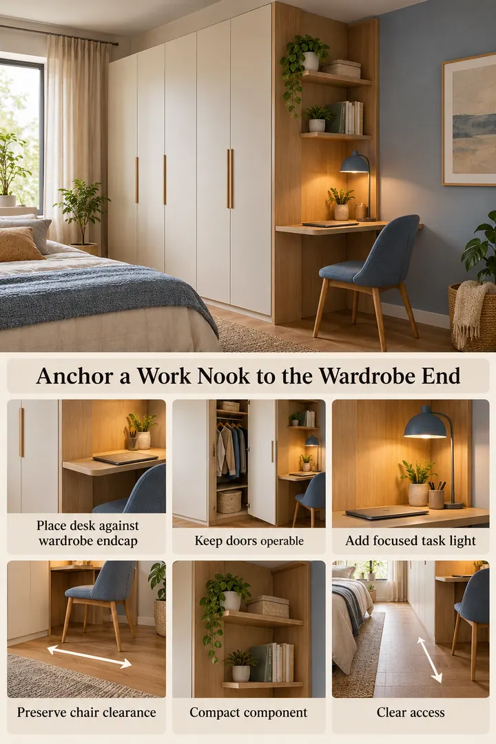 Budget Decor Catalog of wardrobe endcap work nook in Studio wardrobe wall showing place desk against wardrobe endcap.
