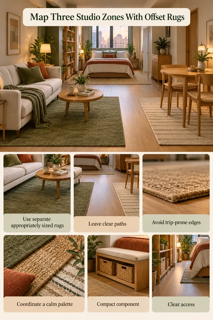 Budget Decor Catalog of rug offset zone map in Long studio room showing use separate appropriately sized rugs.