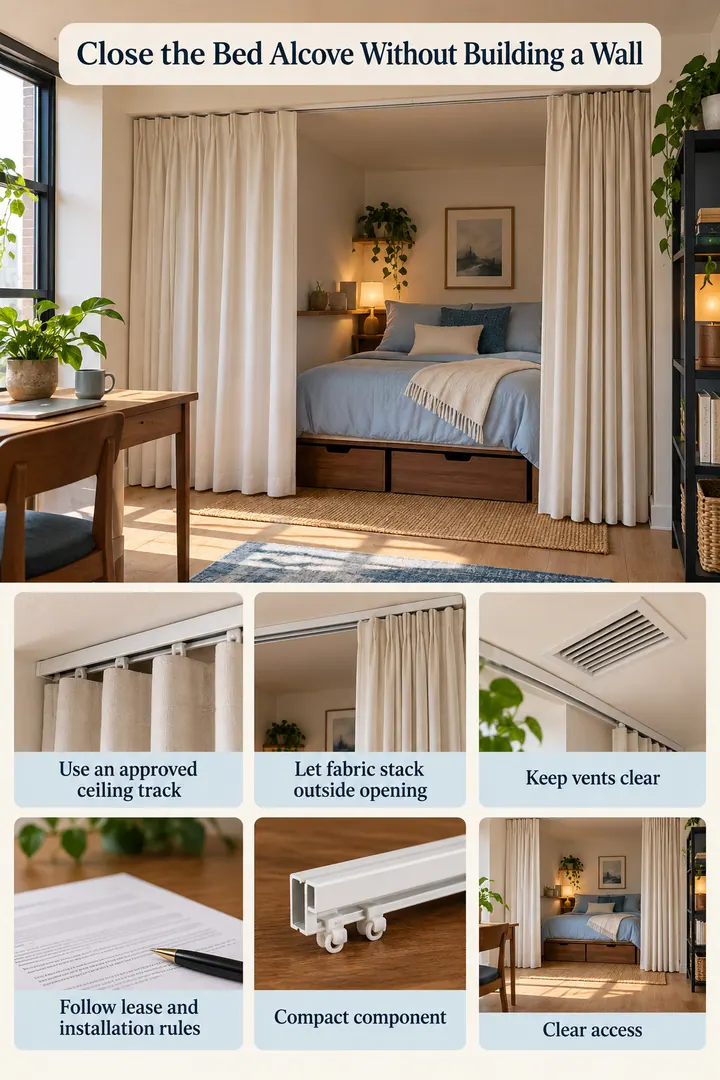 Budget Decor Catalog of ceiling track alcove curtain in Bed alcove showing use an approved ceiling track.
