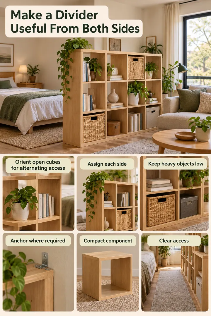 Budget Decor Catalog of dual access cube divider in Shared studio showing orient open cubes for alternating access.