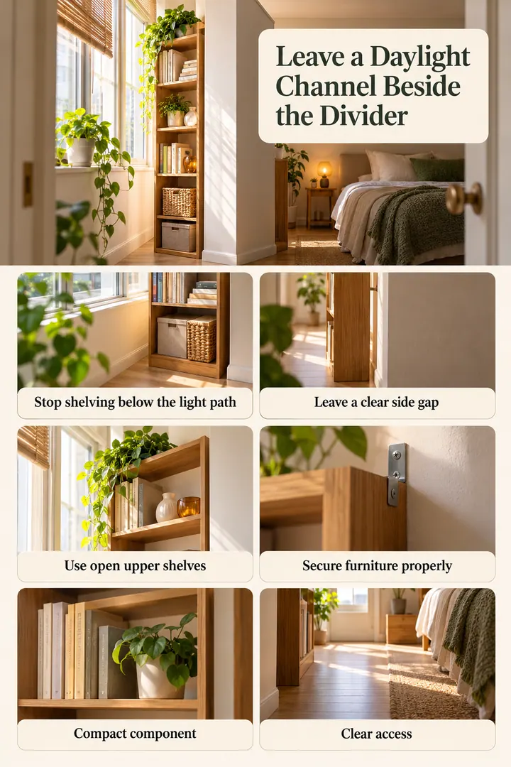 Budget Decor Catalog of bookcase gap daylight channel in Studio window wall showing stop shelving below the light path.