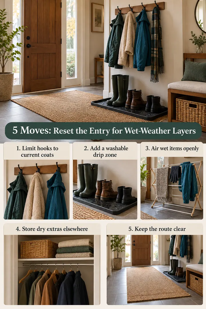 Numbered Ideas Infographic of cold season entry drying edit in Apartment entry showing limit hooks to current coats.