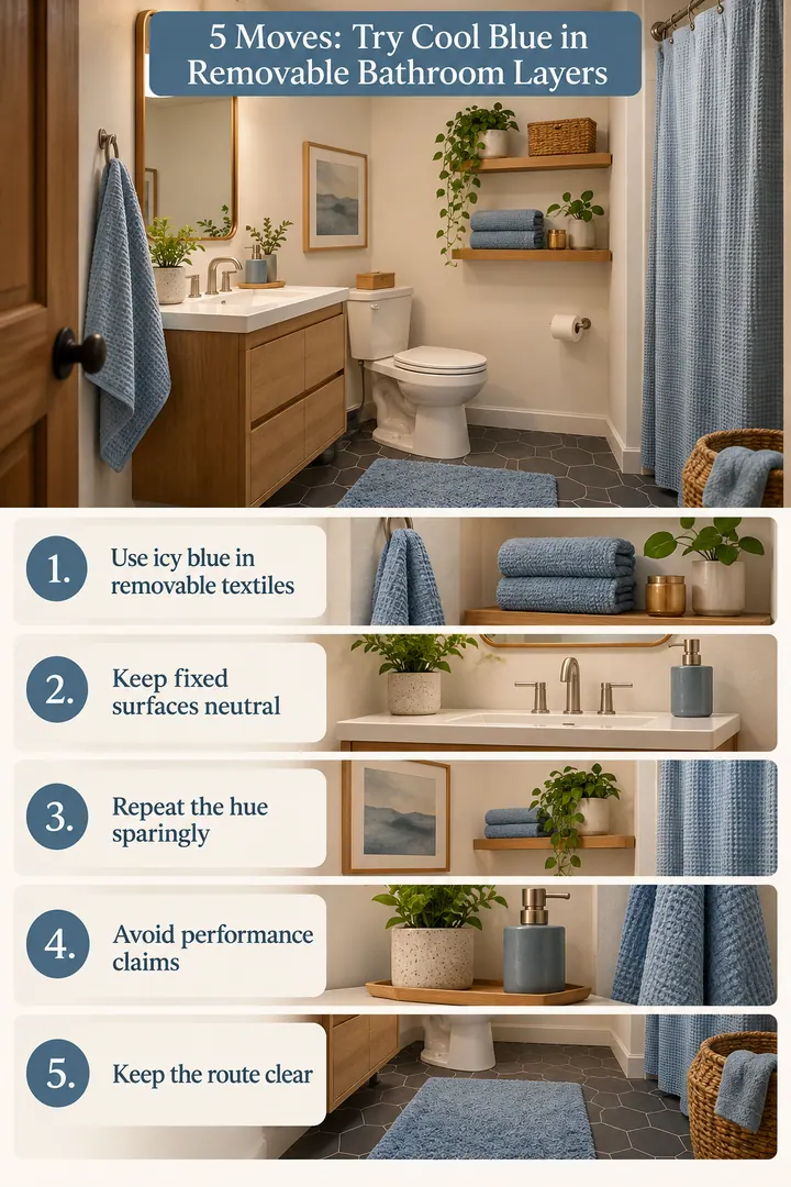 Numbered Ideas Infographic of cool blue compact bath accents in Small bathroom showing use icy blue in removable textiles.