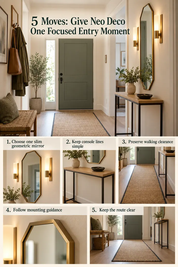 Numbered Ideas Infographic of neo deco slim entry mirror in Narrow entry showing choose one slim geometric mirror.