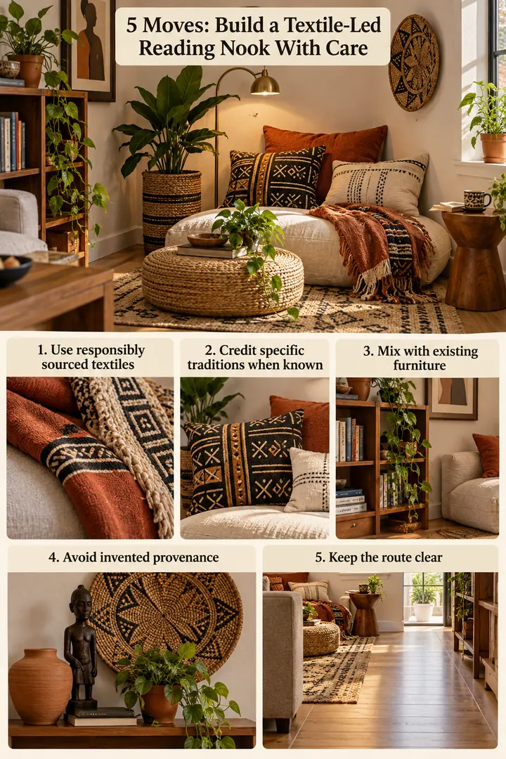 Numbered Ideas Infographic of afrohemian textile reading nook in Living-room corner showing use responsibly sourced textiles.