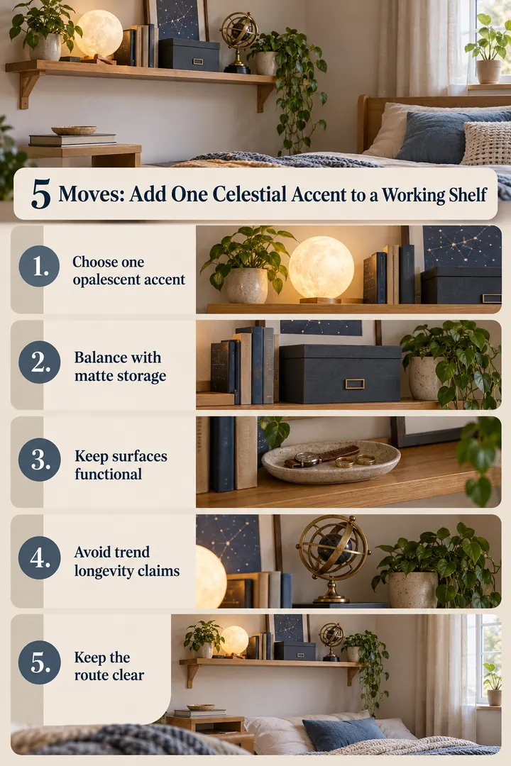 Numbered Ideas Infographic of extra celestial shelf accents in Bedroom shelf showing choose one opalescent accent.
