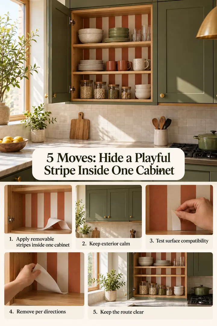 Numbered Ideas Infographic of funhaus striped cabinet interior in Rental kitchen showing apply removable stripes inside one cabinet.