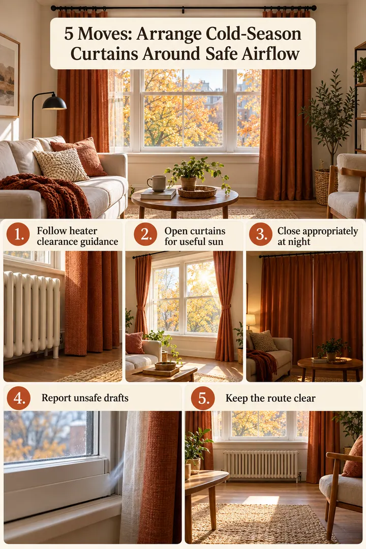 Numbered Ideas Infographic of autumn curtain thermal routine in Drafty rental living room showing follow heater clearance guidance.