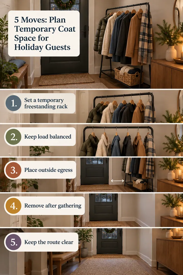 Numbered Ideas Infographic of holiday guest coat overflow in Small apartment entry showing set a temporary freestanding rack.