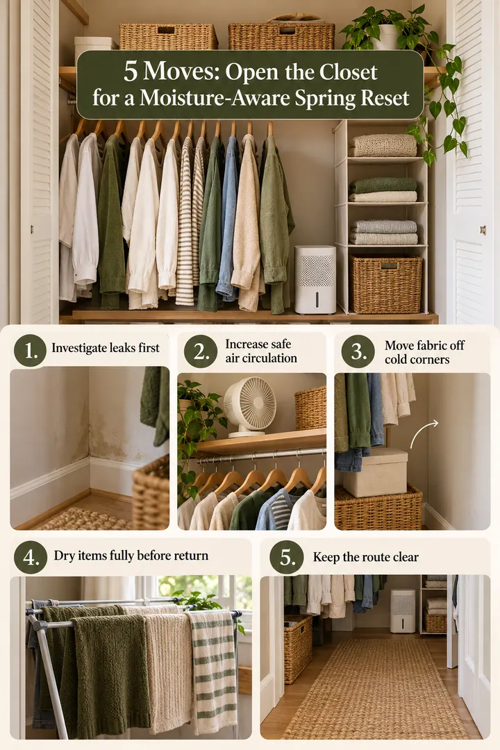 Numbered Ideas Infographic of spring moisture closet reset in Bedroom closet showing investigate leaks first.