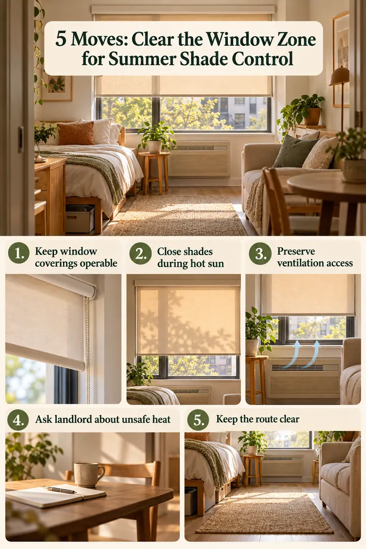Numbered Ideas Infographic of summer shade cooling layout in Sunny studio apartment showing keep window coverings operable.