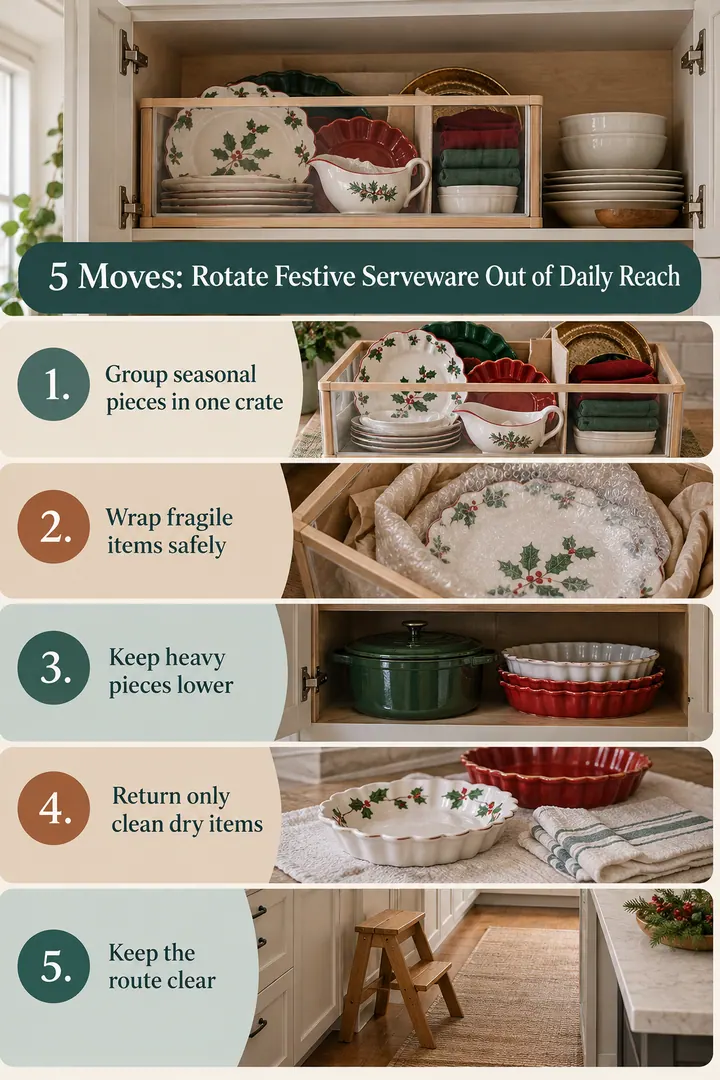 Numbered Ideas Infographic of festive tableware rotation crate in Kitchen cabinet top shelf showing group seasonal pieces in one crate.