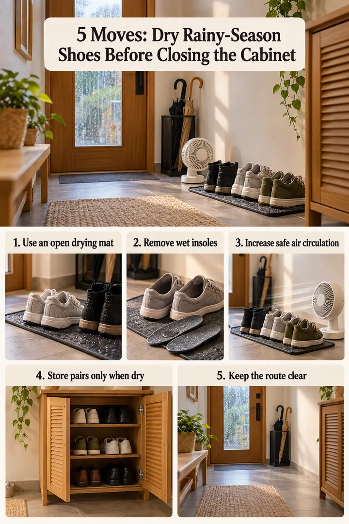 Numbered Ideas Infographic of rainy season shoe drying airflow in Compact hallway showing use an open drying mat.