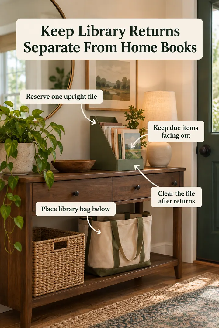 Annotated Educational Photo of library book return station in Entry console showing reserve one upright file.