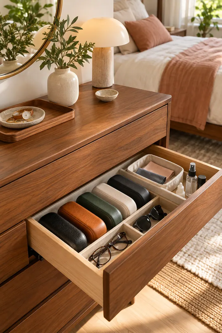 Clean Photo of eyewear case drawer organizer in Bedroom dresser showing assign one shallow drawer.
