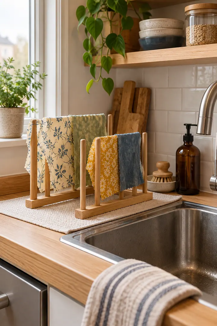 Detail/Lifestyle Photo of reusable food wrap drying rack in Galley kitchen sink zone showing drape wraps separately.