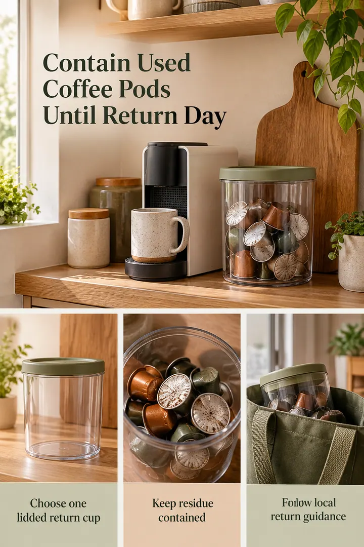 Editorial Educational Collage of coffee pod return container in Kitchen beverage shelf showing choose one lidded return cup.