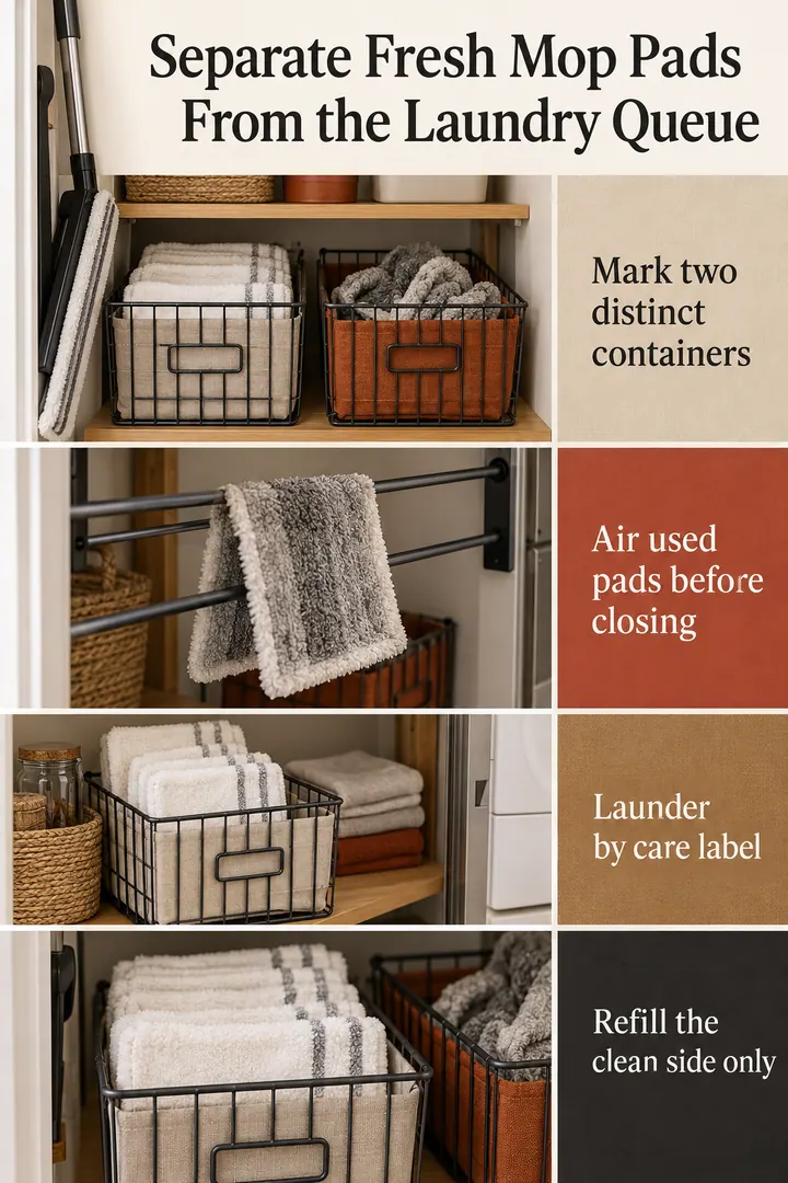 Color Palette Guide of clean and used mop pad bins in Utility cupboard showing mark two distinct containers.