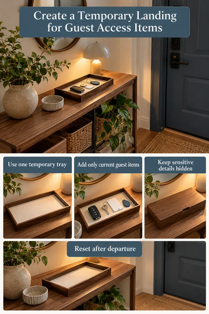 Room-by-Room Visual Guide of guest key handoff tray in Entryway showing use one temporary tray.