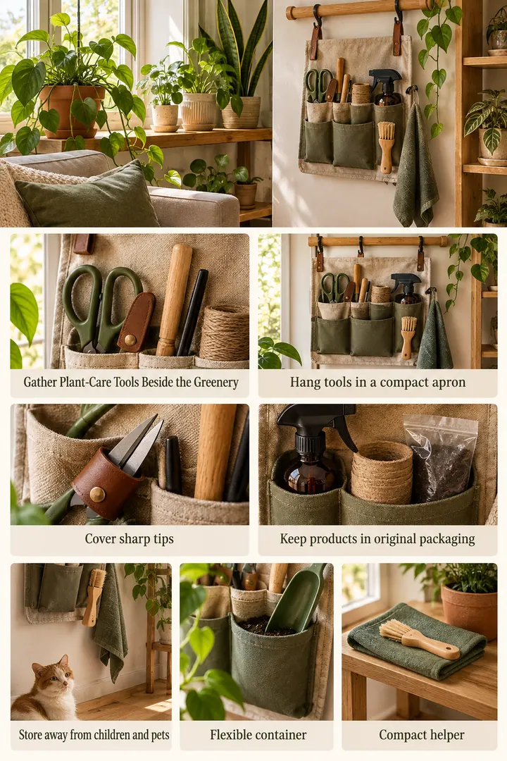 Budget Decor Catalog of houseplant tool apron in Living-room plant corner showing hang tools in a compact apron.
