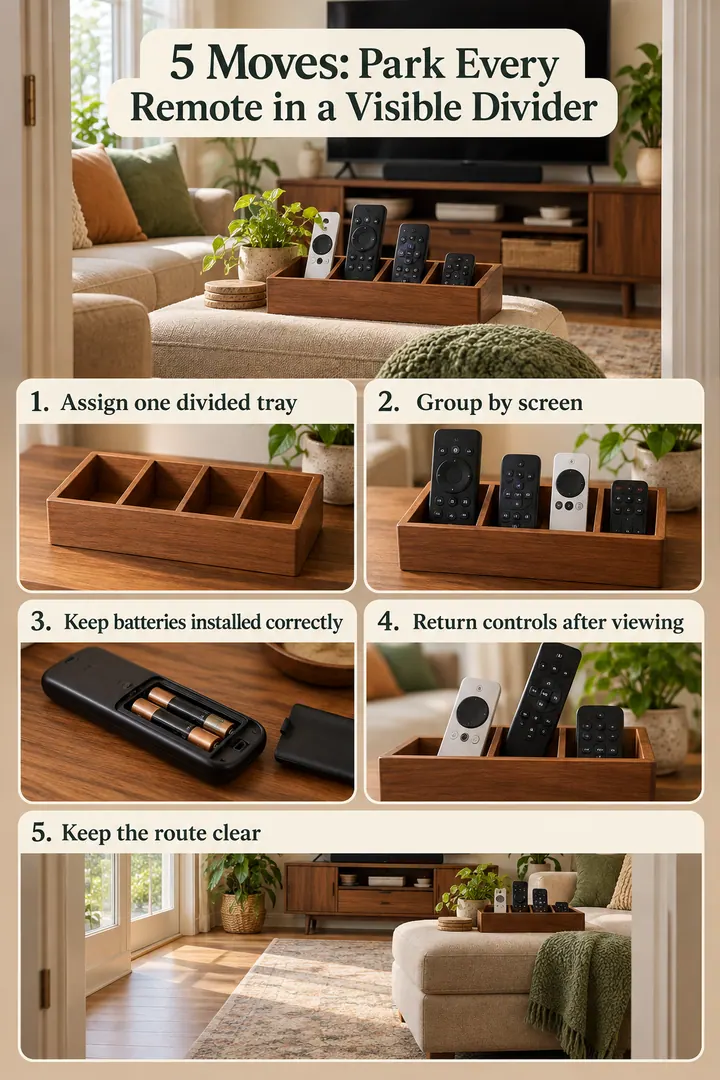Numbered Ideas Infographic of streaming remote divider tray in Media cabinet showing assign one divided tray.