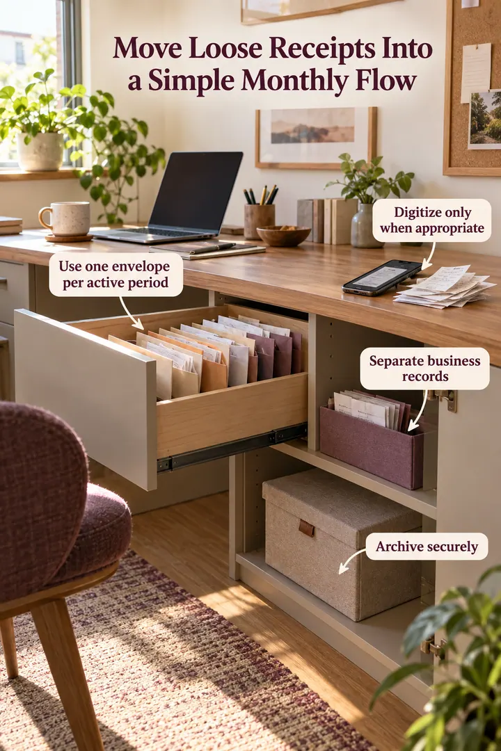 Annotated Educational Photo of paper receipt monthly envelopes in Home office cabinet showing use one envelope per active period.