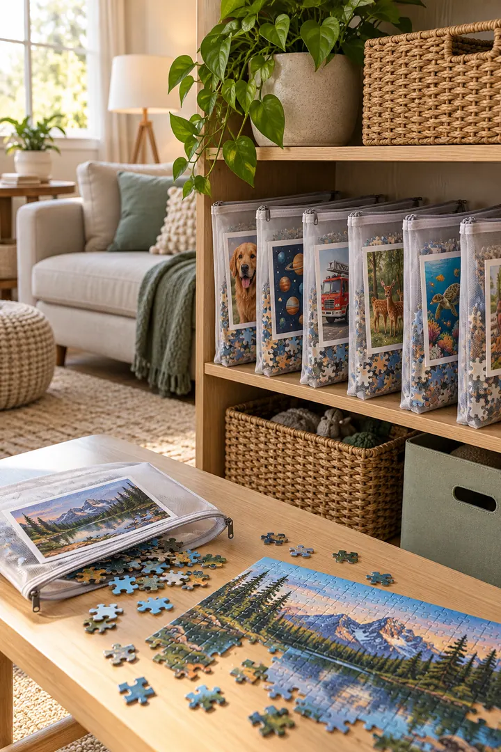 Detail/Lifestyle Photo of children puzzle pouch library in Family living room showing use one clear pouch per puzzle.