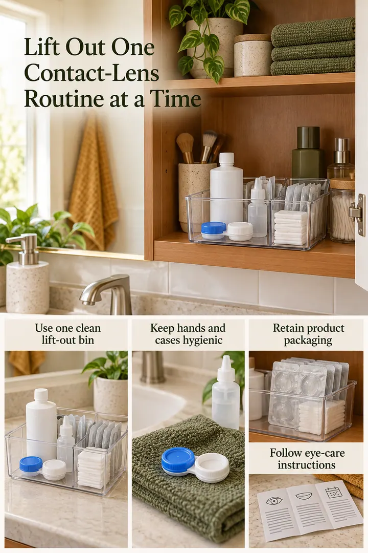 Editorial Educational Collage of bathroom contact lens routine bin in Bathroom cabinet showing use one clean lift-out bin.
